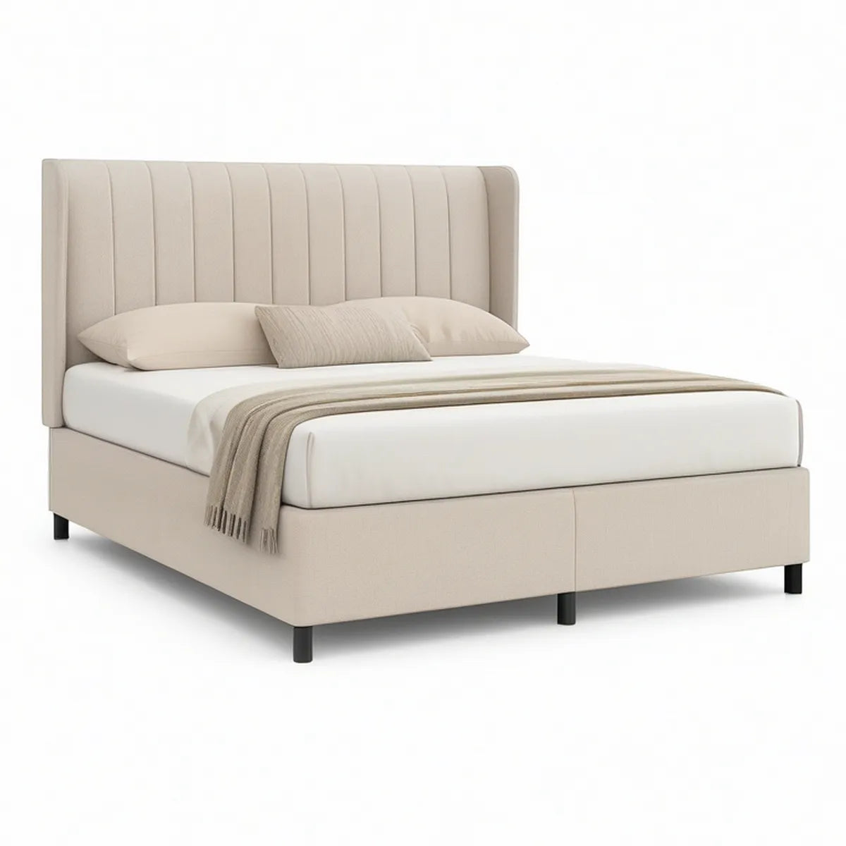 Cama Estofada Bege com Cabeceira de Costuras Verticais para Colchão 160 x 200 cm