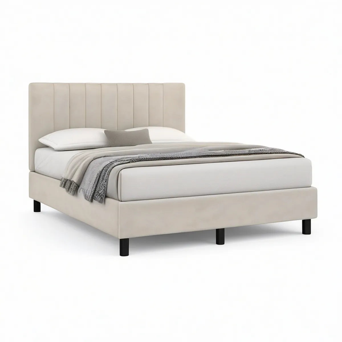 Cama de Casal Estofada em Poliéster Bege e Preto para Colchão 160 x 200 cm