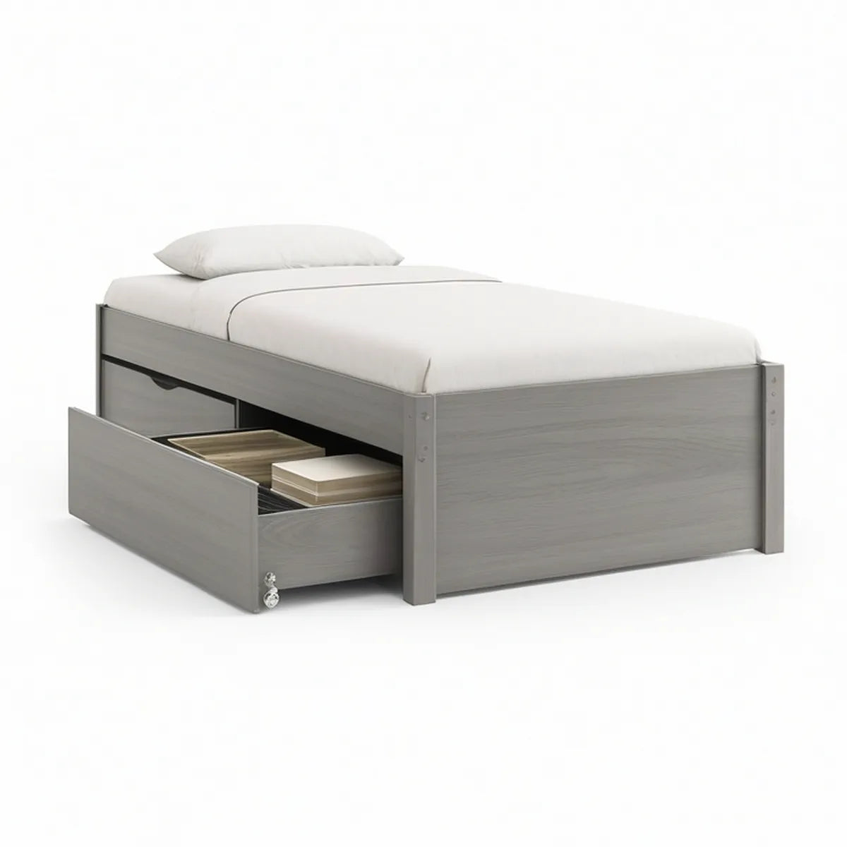 Cama Individual Cinzenta com Gavetão e Arrumação, para Colchão 90 x 190 cm, 199 x 100 x 66 cm
