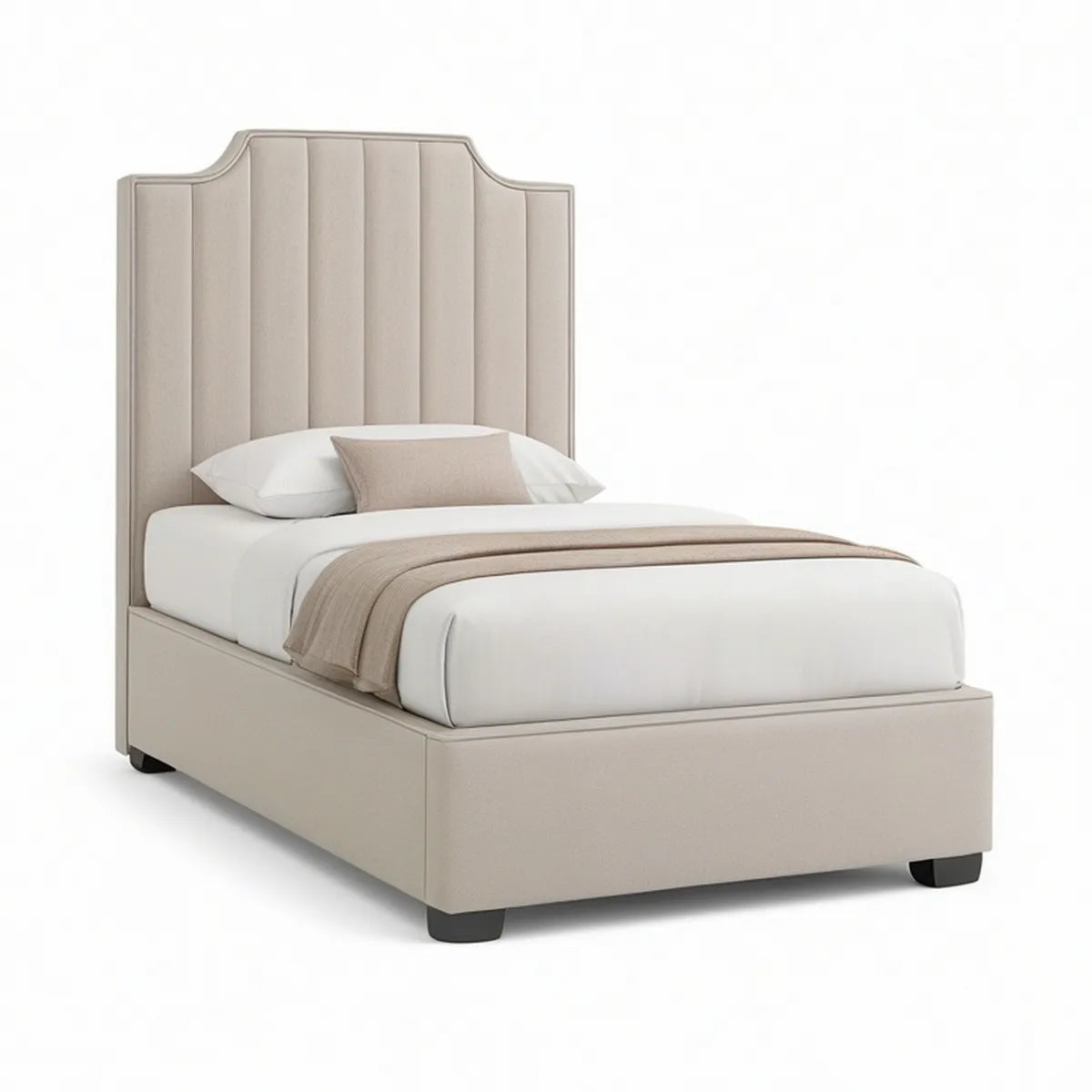 Cama Individual Estofada Bege com Cabeceira Alta, 90 x 190 cm