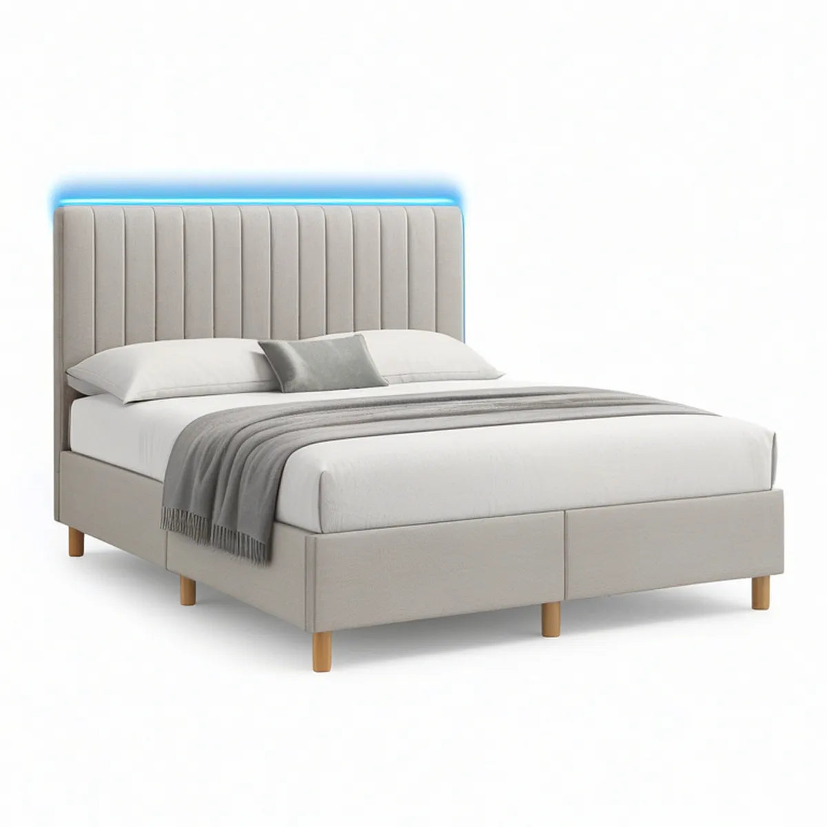 Cama de Casal Estofada com LED Azul, Bege e Castanho-Claro, para Colchão 160 x 200 cm