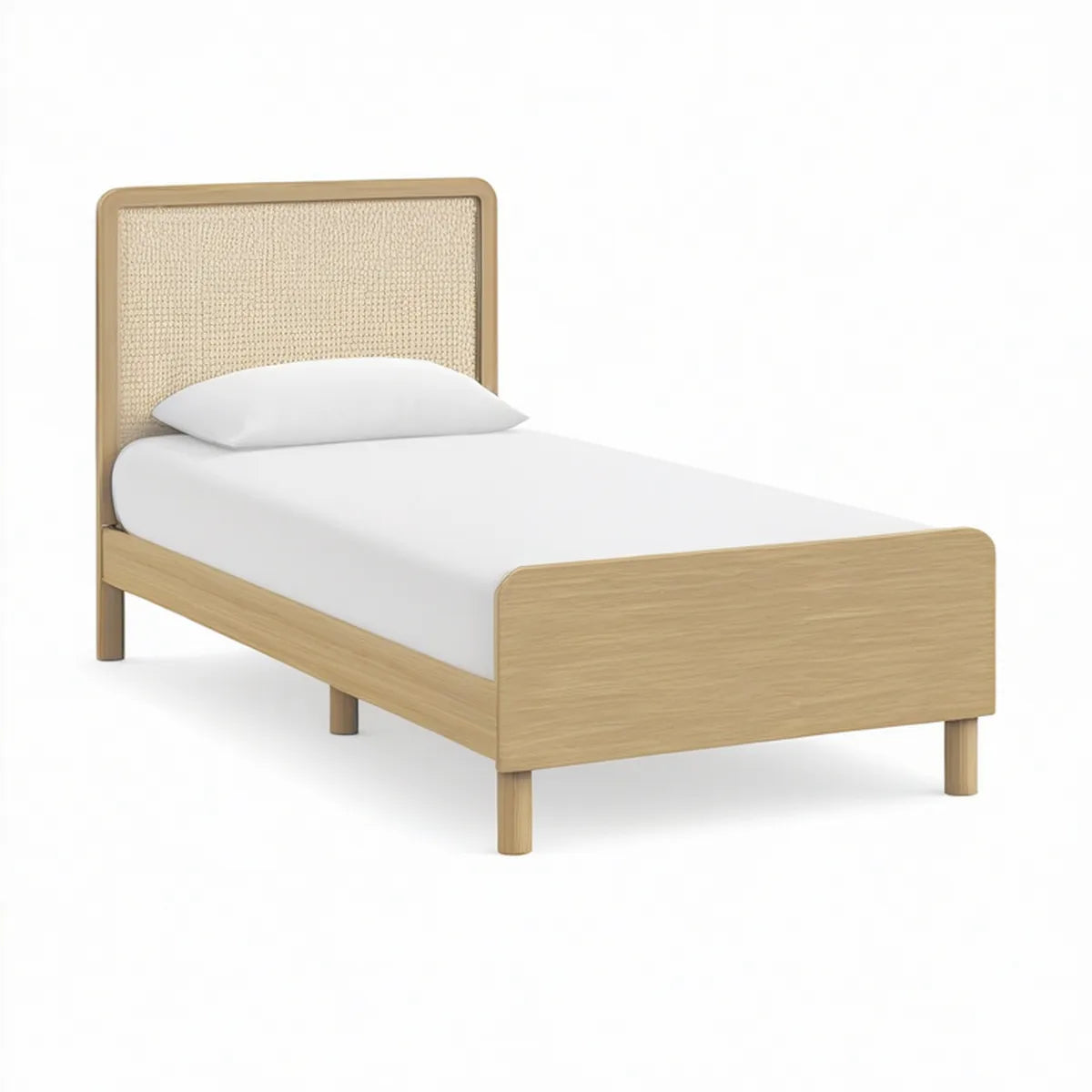 Cama Individual em Carvalho Maciço e Vime Natural Bege 90 x 190 cm