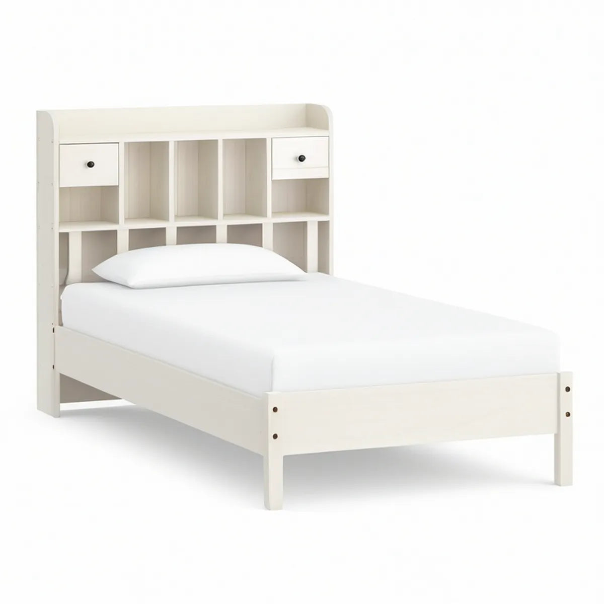 Cama Individual em Pinho Maciço Branco com Arrumação Integrada, 90 x 190 cm