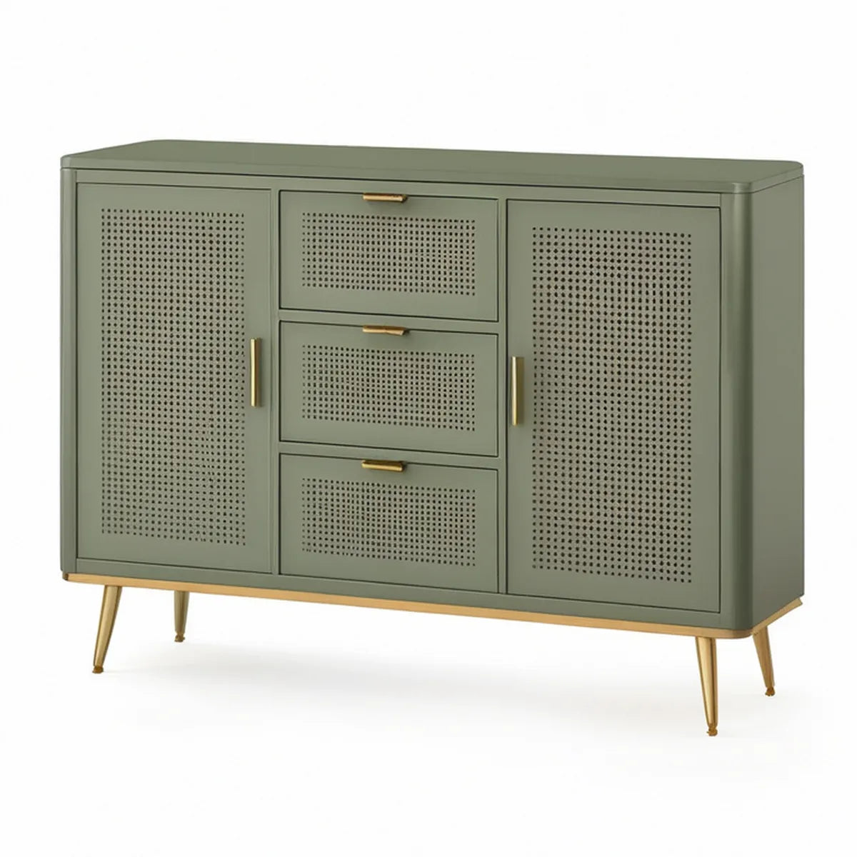 Aparador Retangular em MDF Verde-Sálvia e Dourado, 160 × 40 × 90 cm, com 3 Gavetas e 2 Portas Perfuradas
