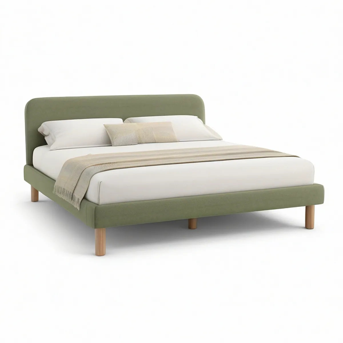 Cama de Casal Estofada Verde-oliva 160 x 200 cm com Pés em Madeira de Faia