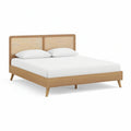 Cama de Casal 160 x 200 cm em Madeira Maciça com Cabeceira em Rattan Natural, Carvalho
