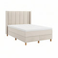Cama de Casal Estofada Bege com Cabeceira Alta, Colchão Branco e Pés Castanhos 160 x 200 cm