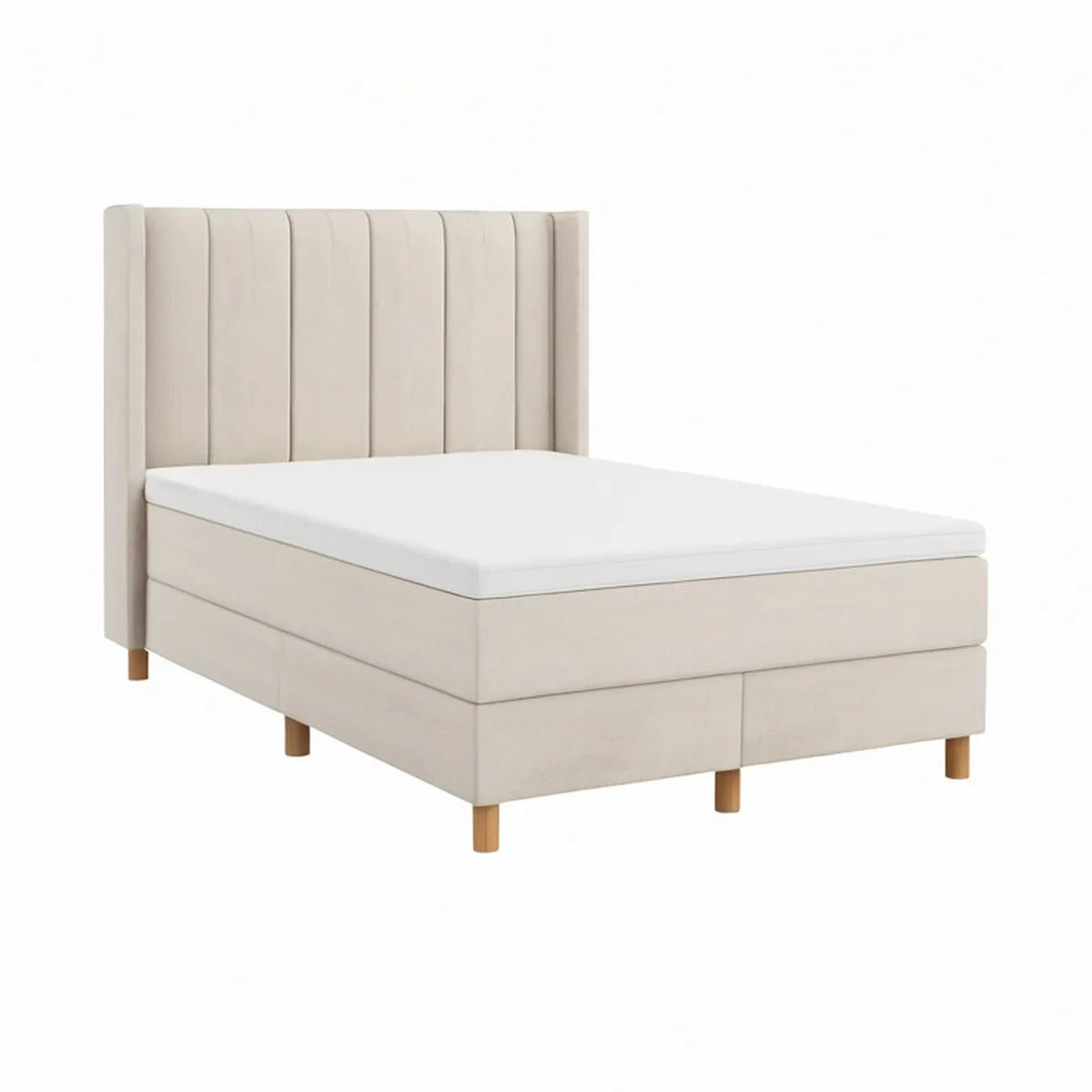 Cama de Casal Estofada Bege com Cabeceira Alta, Colchão Branco e Pés Castanhos 160 x 200 cm