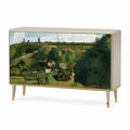 Aparador Retangular de 2 Portas em MDF Lacado Bege com Vidro Decorado, 140 x 40 x 85 cm