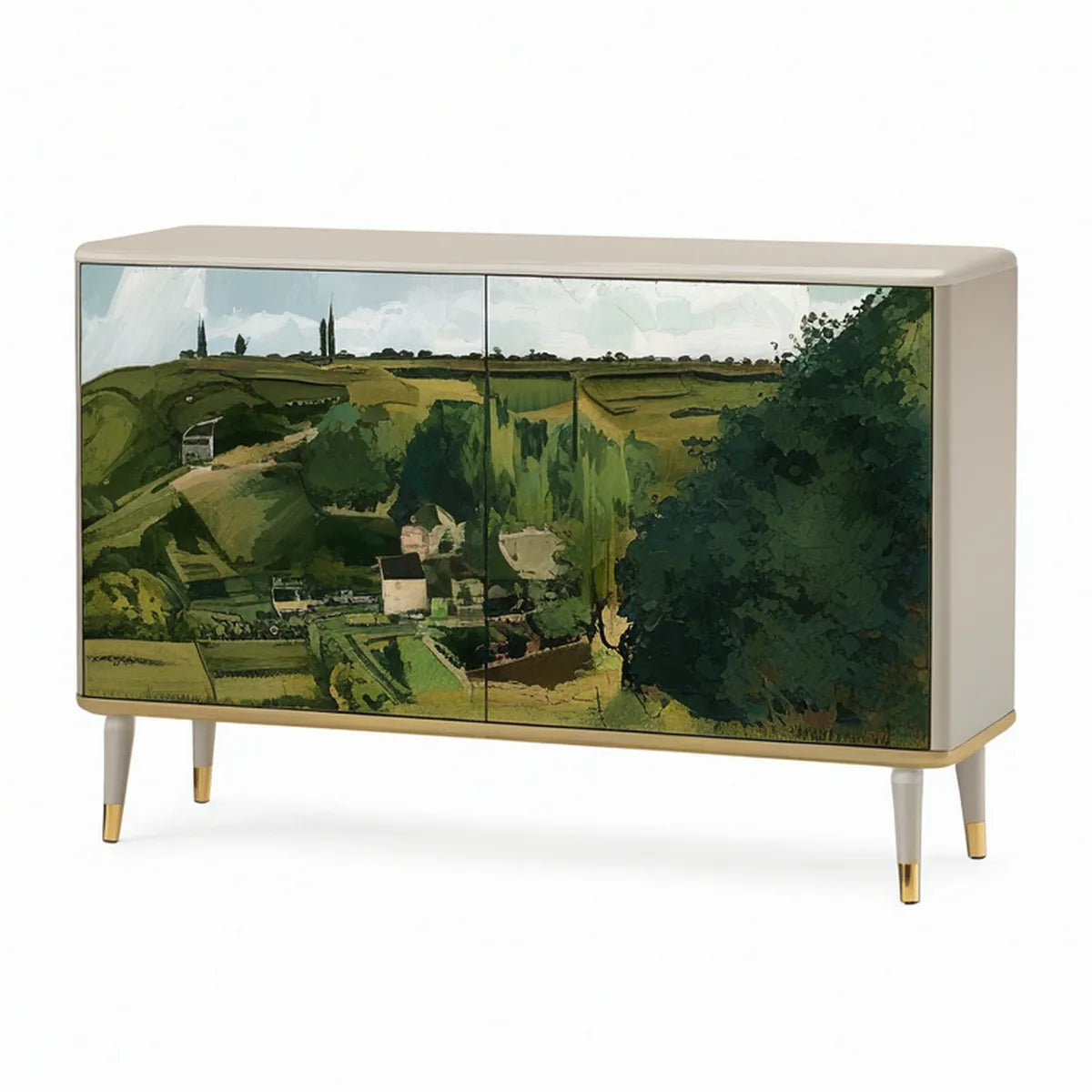 Aparador Retangular de 2 Portas em MDF Lacado Bege com Vidro Decorado, 140 x 40 x 85 cm