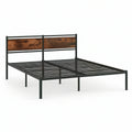 Cama de Casal 140 x 200 cm em Aço Preto com Cabeceira em MDF Castanho Envelhecido
