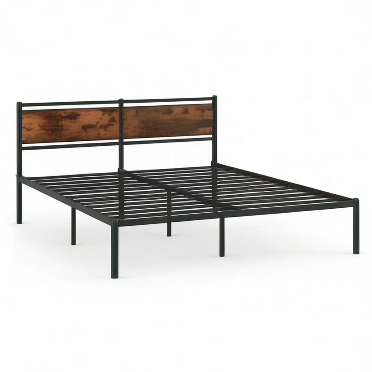 Cama de Casal 140 x 200 cm em Aço Preto com Cabeceira em MDF Castanho Envelhecido