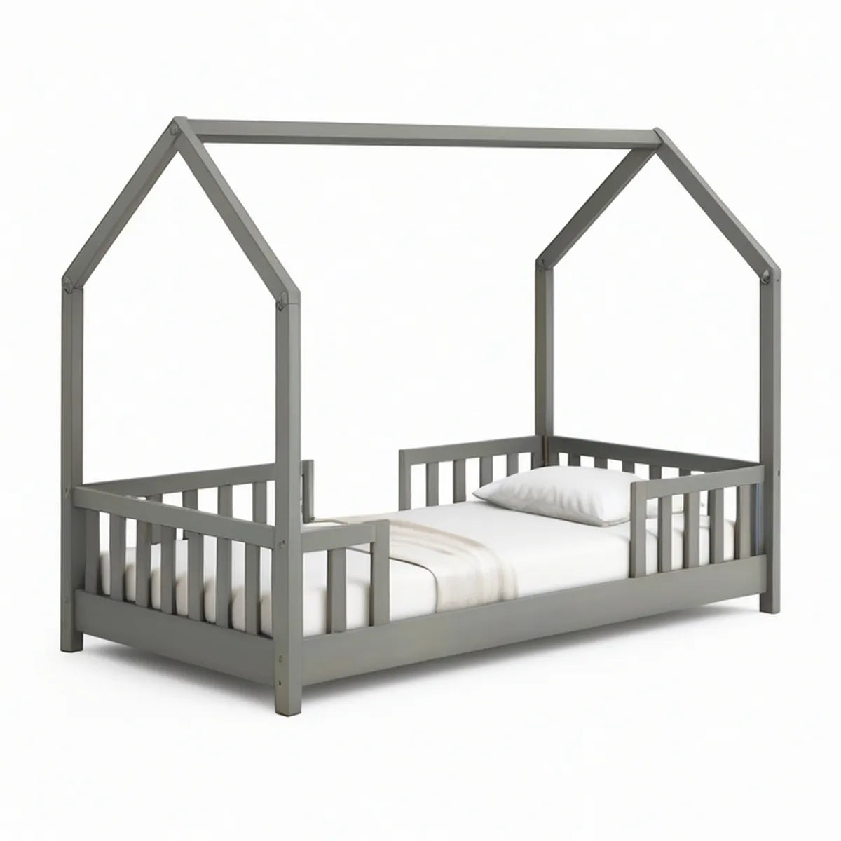 Cama Infantil em Forma de Casa em Madeira Maciça de Pinho Cinzento 90 x 190 cm