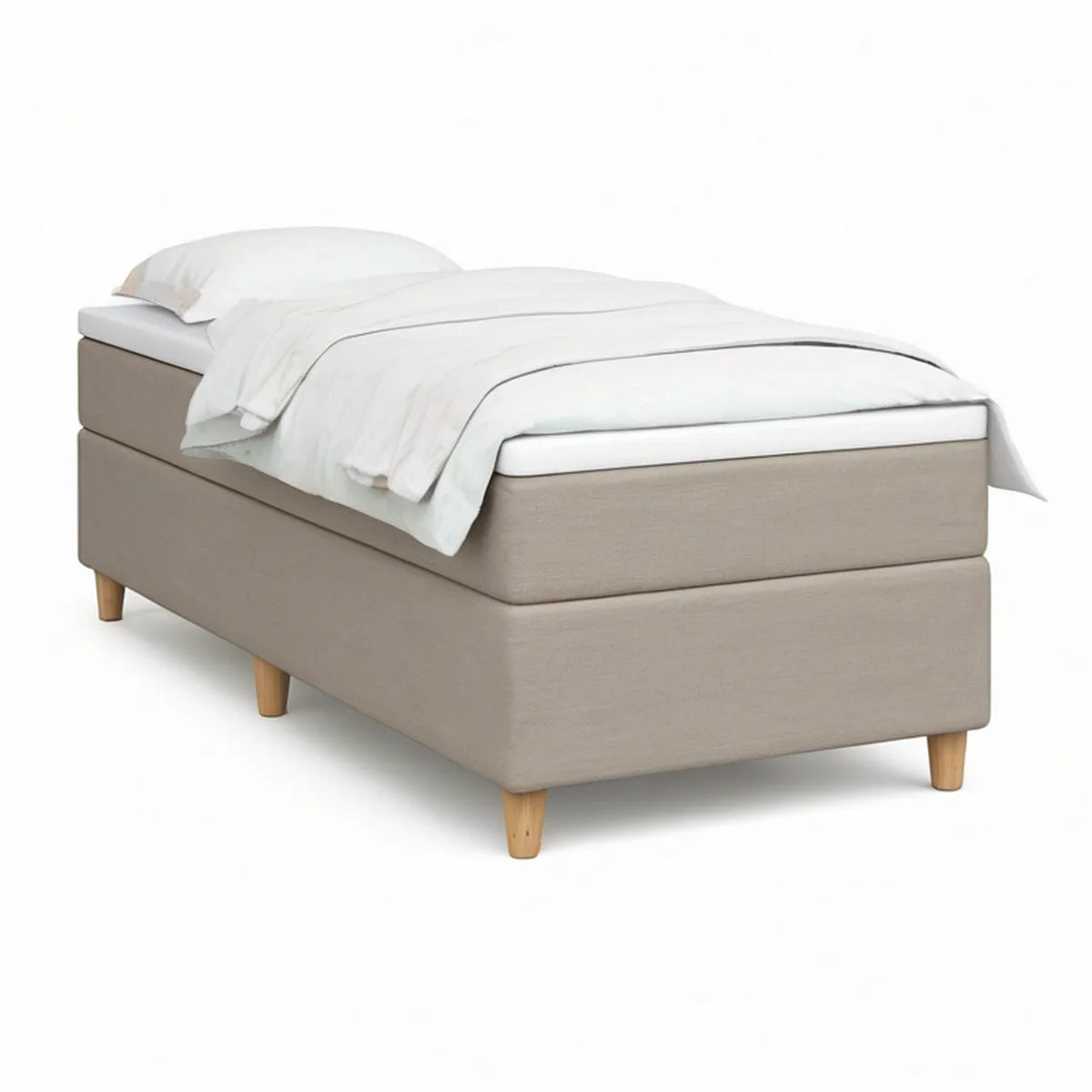 Cama Individual Estofada Bege com Pés em Madeira Natural, 90 x 200 cm