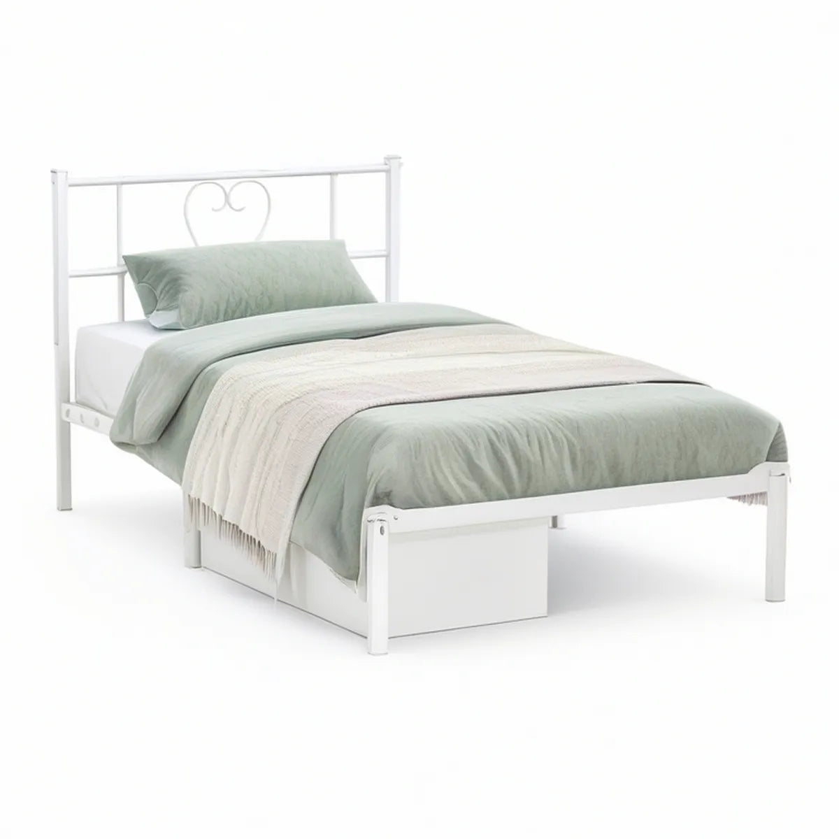 Cama Individual em Aço Branco com Cabeceira Decorativa em Coração 90 x 190 cm