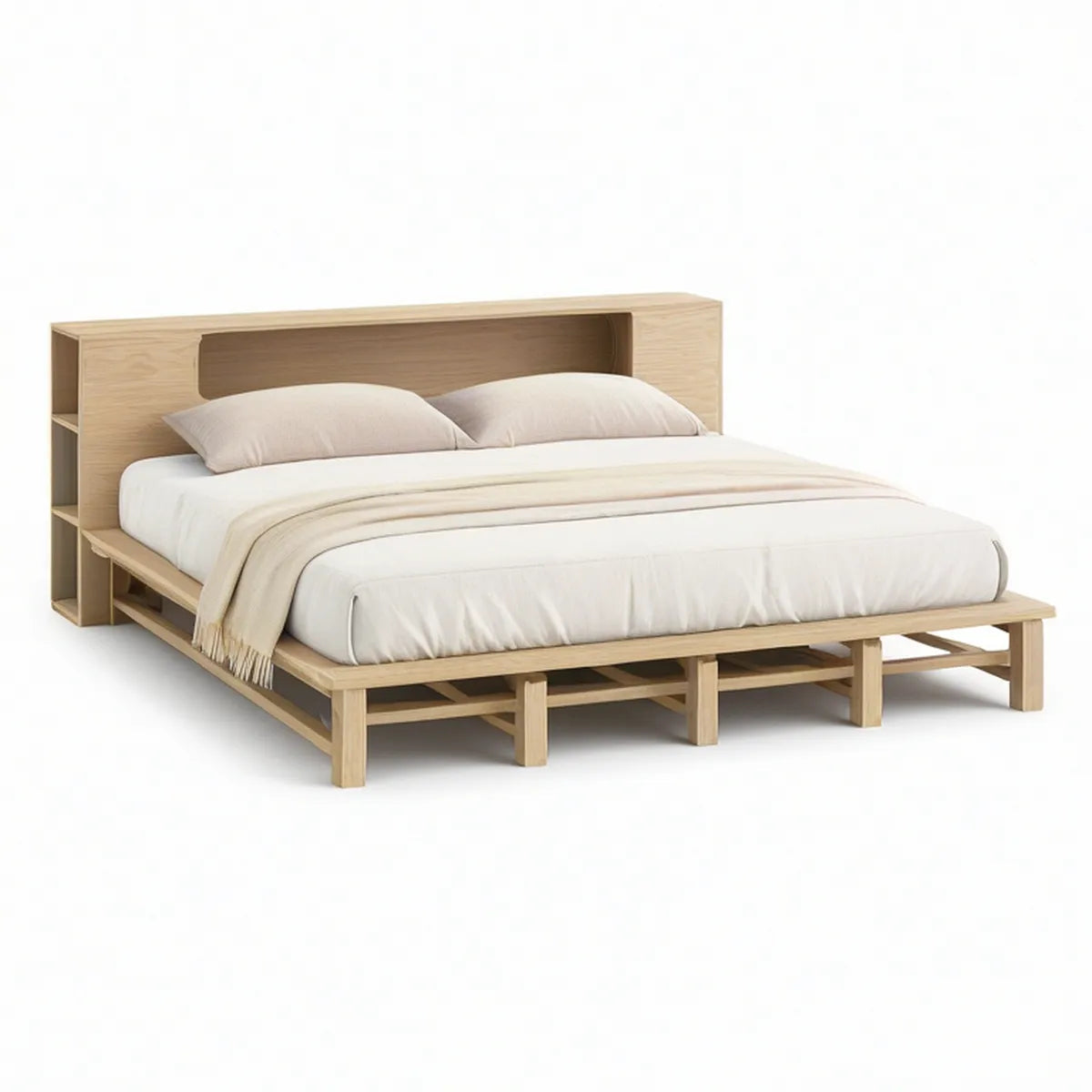 Estrutura de Cama de Casal em Madeira Maciça com Cabeceira e Arrumação 160 x 200 cm Natural
