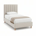 Cama Individual Estofada Bege com Cabeceira Canelada, 103 x 205 x 115 cm, para Colchão 90 x 190 cm
