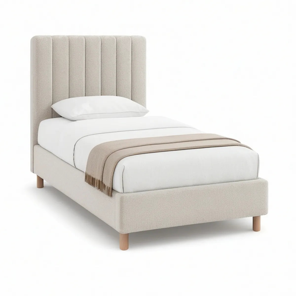Cama Individual Estofada Bege com Cabeceira Canelada, 103 x 205 x 115 cm, para Colchão 90 x 190 cm